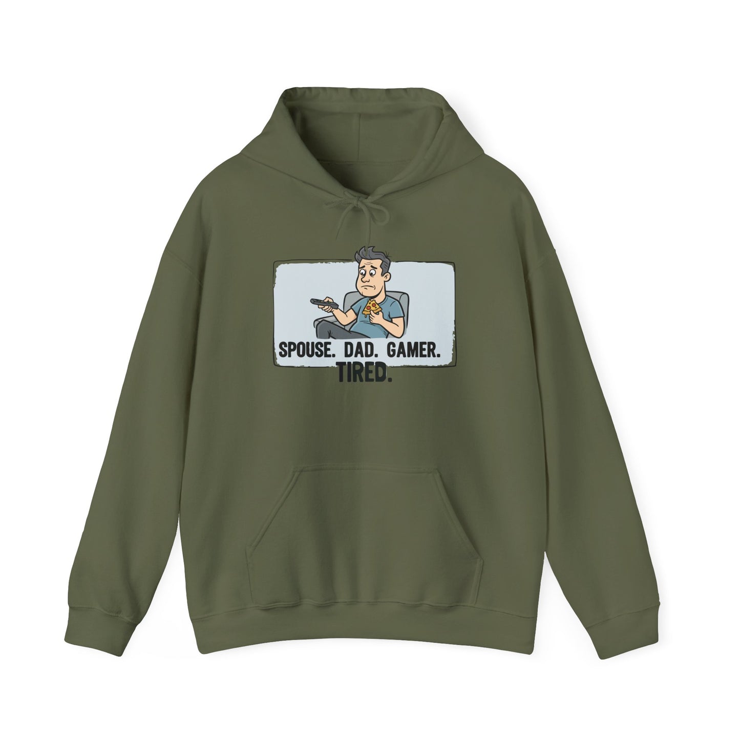 Gamer Dad Hoodie — "Spouse. Dad. Gamer. Tired." Funny Graphic Pullover