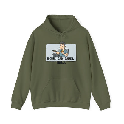 Gamer Dad Hoodie — "Spouse. Dad. Gamer. Tired." Funny Graphic Pullover