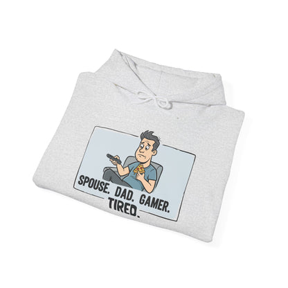 Gamer Dad Hoodie — "Spouse. Dad. Gamer. Tired." Funny Graphic Pullover