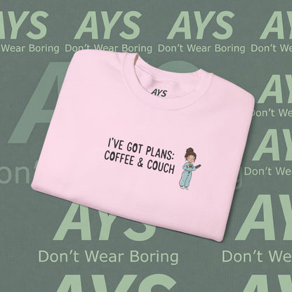 Crewneck Sweatshirt — "I've Got Plans: Coffee & Couch" Cozy Graphic Sweatshirt