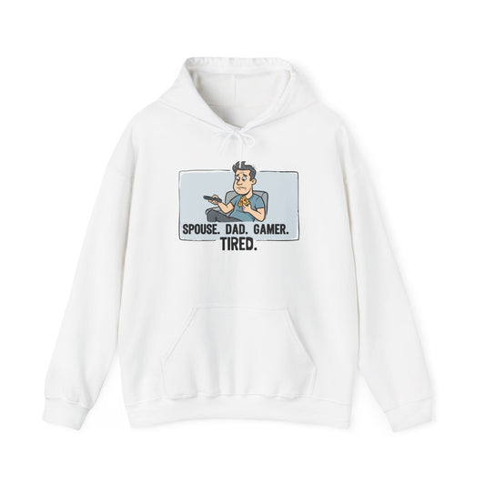 Gamer Dad Hoodie — "Spouse. Dad. Gamer. Tired." Funny Graphic Pullover