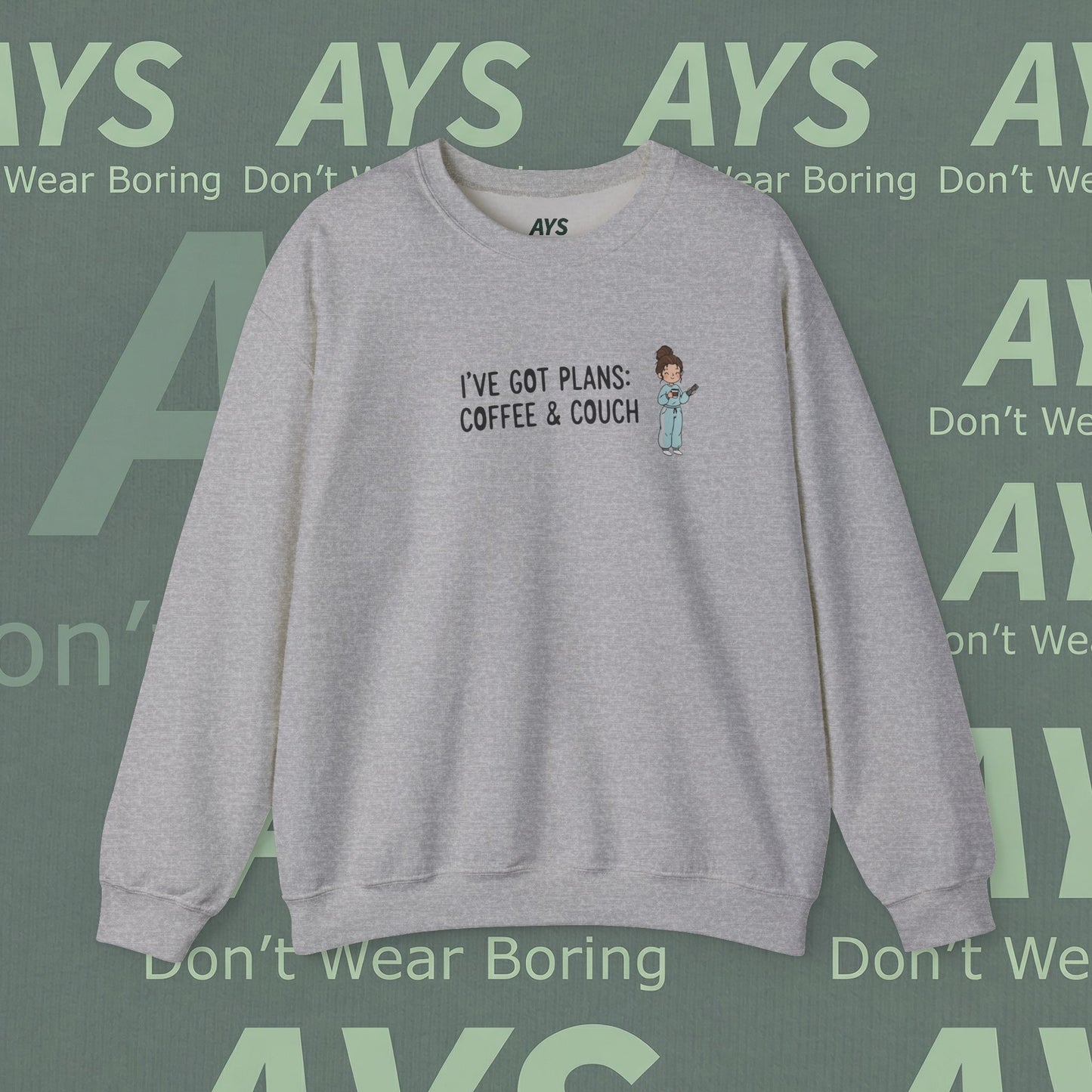 Crewneck Sweatshirt — "I've Got Plans: Coffee & Couch" Cozy Graphic Sweatshirt