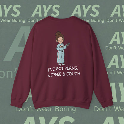 Crewneck Sweatshirt — "I've Got Plans: Coffee & Couch" Cozy Graphic Sweatshirt
