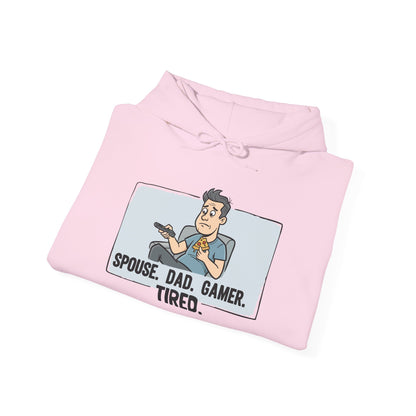 Gamer Dad Hoodie — "Spouse. Dad. Gamer. Tired." Funny Graphic Pullover