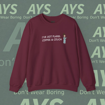 Crewneck Sweatshirt — "I've Got Plans: Coffee & Couch" Cozy Graphic Sweatshirt