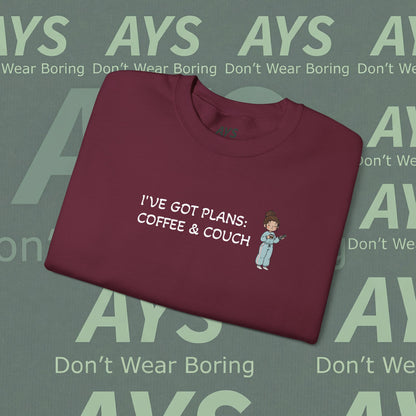 Crewneck Sweatshirt — "I've Got Plans: Coffee & Couch" Cozy Graphic Sweatshirt