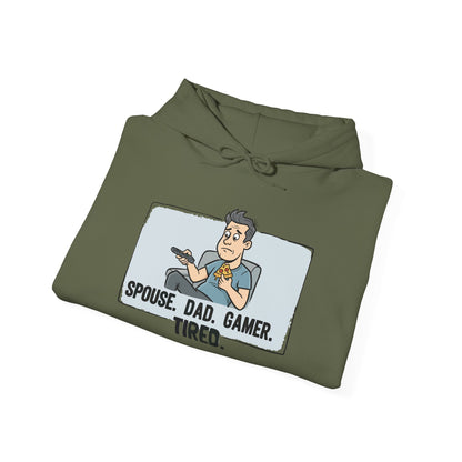 Gamer Dad Hoodie — "Spouse. Dad. Gamer. Tired." Funny Graphic Pullover